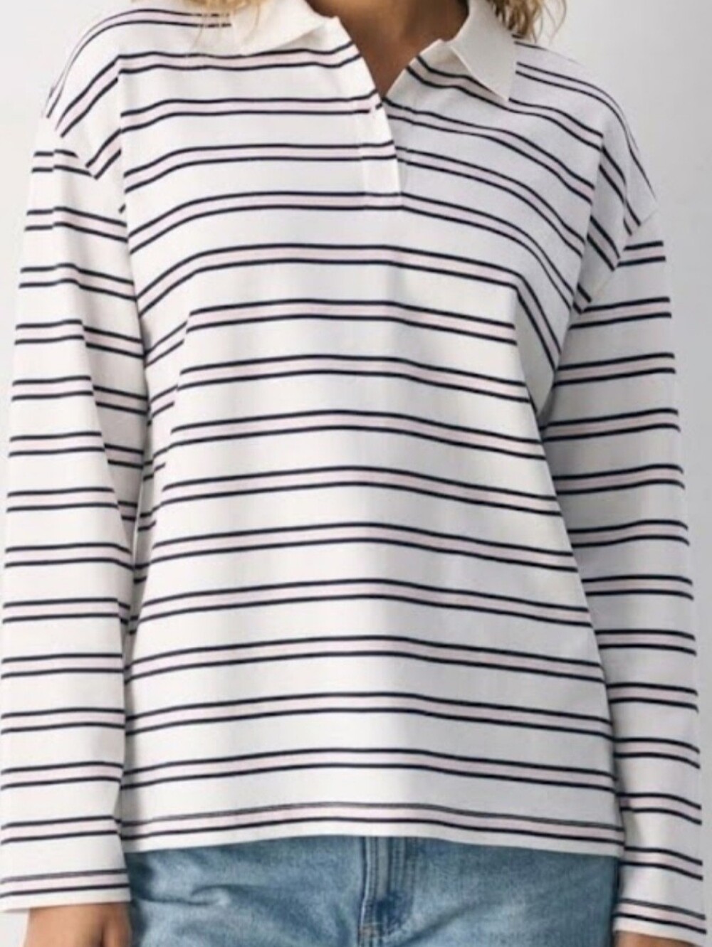 Babaton Aritzia Striped Polo Interlock Cotton Eton Pullover Top Size Large